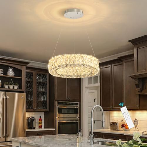 Modern Chandelier for Dining Room Dimmable LED Pendant Lights for Kitchen Island Lighting Silver Ring Crystal Chandeliers for Bedroom Entrance Living Room
