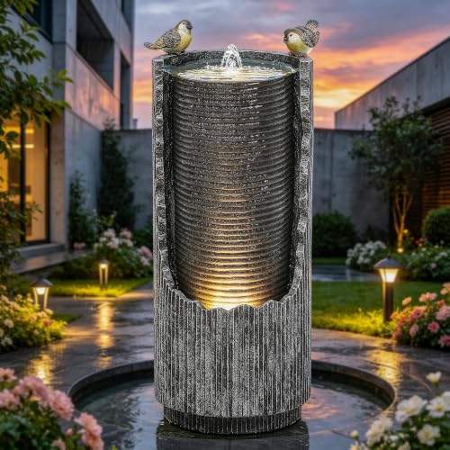 AUTODAYA 32" Bird Outdoor Fountain Distressed Fluted Column with Lights