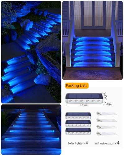Blue Solar Step Lights for Outside IP68 Waterproof Led 4 Pack (4 Count)