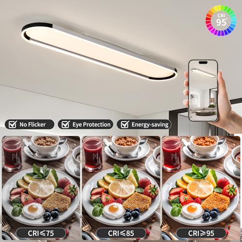Modern LED Ceiling Light Dimmable Linear Ceiling Light 39.4in Semi Flush Mount Long Lights with Remote Control and Down Lighting for Living Room Kitchen Dining Room Black & Silver
