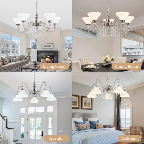 5 Light Chandelier in Brushed Nickel Finish with Flower (5-Light / Nickel and White)