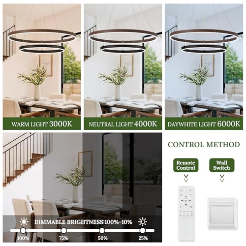 2 Ring LED Chandelier Black Walnut Wood Chandelier for Dining Room Dimmable