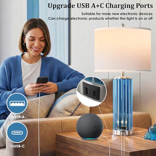 Blue Table Lamps for Bedroom Set of 2 with Nightlight (2 Count)
