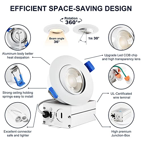4 Packs 3 Inch Gimbal Led Recessed Light with Junction Box 10w