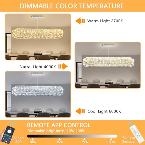 L47 x W12 Modern Chandeliers for Dining Room LED Dimmable Pendant Lighting Ceiling Chandelier Crystal Rectangle Light Fixtures Silver