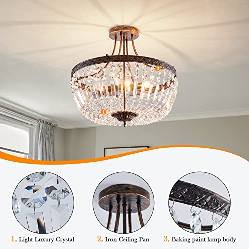 5 Light Retor Crystal Ceiling Light Fixture Oil Rubbed Bronze Semi Flush Mount Chandelier Ceiling Lamp for Living Room Dining Room Entryway Hallway Foyer Bedroom Laundry Bathroom