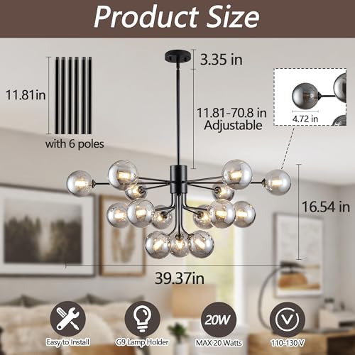 Sputnik Chandelier 15 Lights Smoked Glass Chandelier for Living Room
