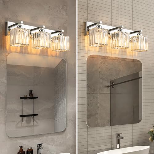 Modern 3 Light Chrome Crystal Bathroom Vanity Wall Light