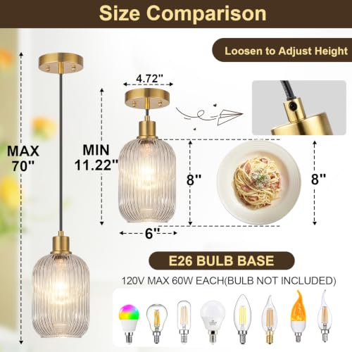2 Pack Pendant Lights with Vintage Clear Ribbed Glass Lampshade (2 Count)