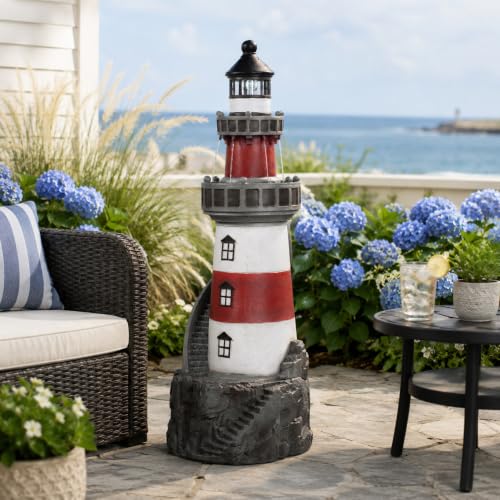 House Floor Waterfall Fountain with Solar Powered Rotating Light and Pump for Outdoor Patio Garden Backyard Decking