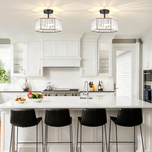 Modern Black Semi Flush Mount Ceiling Light Crystal Entryway Light Fixture