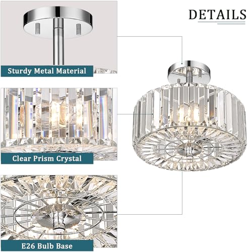 11.88-Inch 2-Light Chrome Semi-Flush Mount Crystal Chandelier