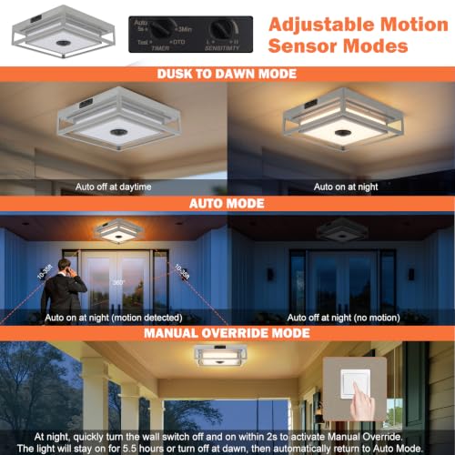 Gray Motion Sensor LED Outdoor Ceiling Light 10.5" Square Dusk to Dawn