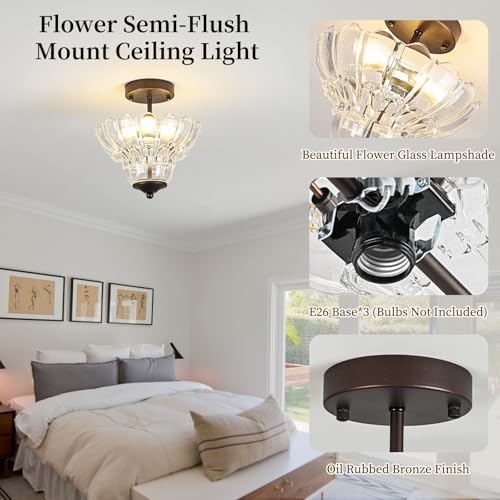 Vintage Oil Rubbed Bronze Semi Flush Mount Light with Floral Class Shade (Oil-Rubbed Bronze)