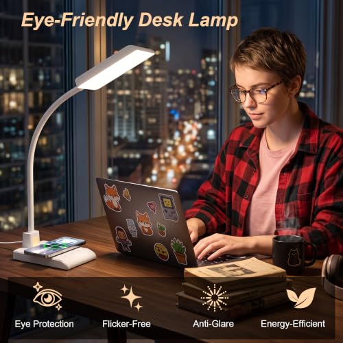 Desk Lamp with Wireless Charger LED Desk Lamps for Home Office White CRI90+ (White)