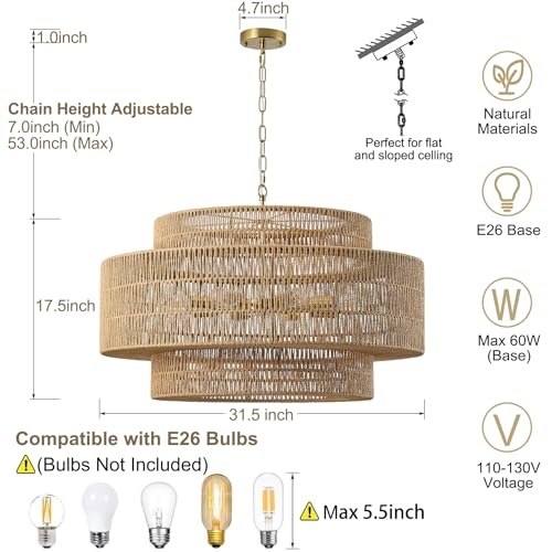 31.5"Large Boho Rattan Farmhouse Chandeliers for Dining Room