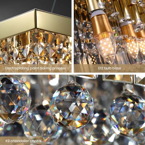 Rectangle K9 Crystal Chandelier Modern Gold Crystal Chandelier Rectangular Pendant Lighting Fixture for Dining Room Kitchen Island Bedroom L47'' x W10'' x H10''