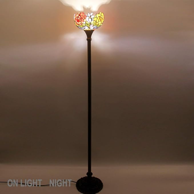 WERFACTORY Tiffany Floor Lamp Red Rose Flower Stained Glass Light 10X10X71 Inches Pole Torchiere Standing Corner Torch Uplight Decor Bedroom Living Room Home Office S001 Series