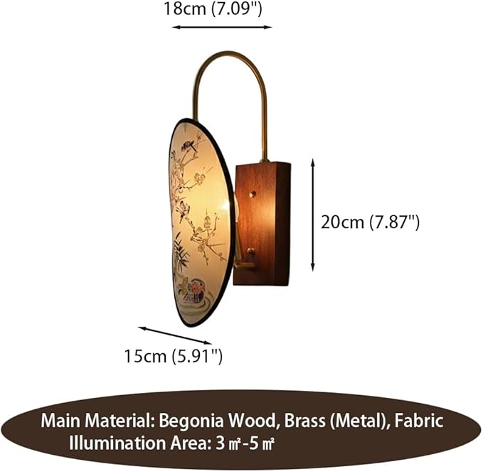 Chinese Style Zen Wall Sconce, Vintage Wood Wall Light Fixture, Retro Fabric Shade Wall Lamp, Antique Brass Sconce for Bedroom Bedside, Hallway, Foyer, Oriental Decor