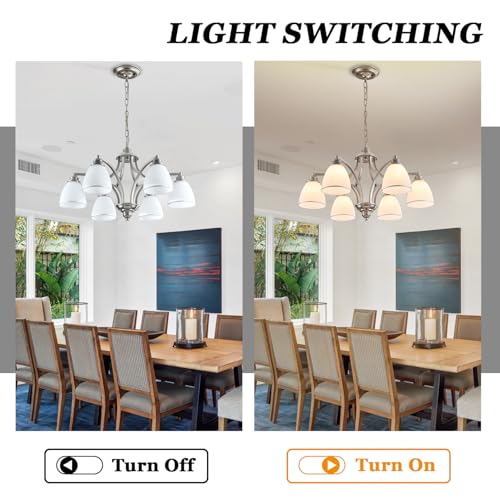6 Light Brushed Nickel Farmhouse Chandelier for Dining Room with Milk White Frosted Glass Shades Adjustable Max Length 47" Hanging Light Fixtures for Kitchen
