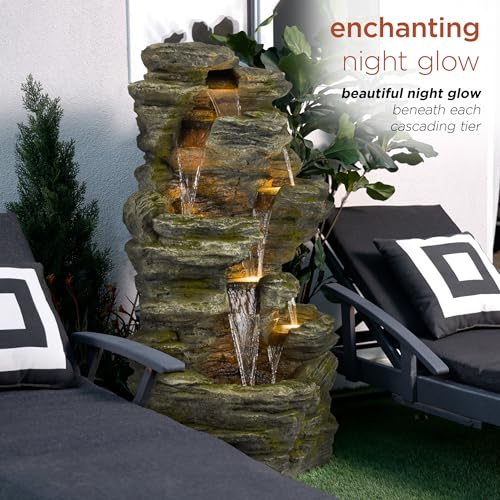 WIN1092 Outdoor Multitiered Rock Waterfall Floor Fountain with Warm White LED Lights