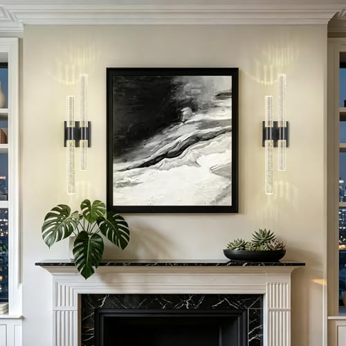 Crystal Wall Sconces Set of Two Black Wall Sconce Hardwired LED Bathroom Vanity Light Fixtures 21.25in 4000K Vertical and Horizontal Wall Mounted Sconces for Bedroom (2 Count)