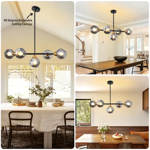 Black and Gold Linear Chandelier 5 Lights Sputnik Pendant Light 36.6 Inch