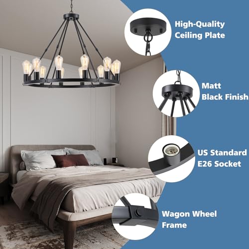 12 Lights Black Wagon Wheel Chandelier (12 Count)