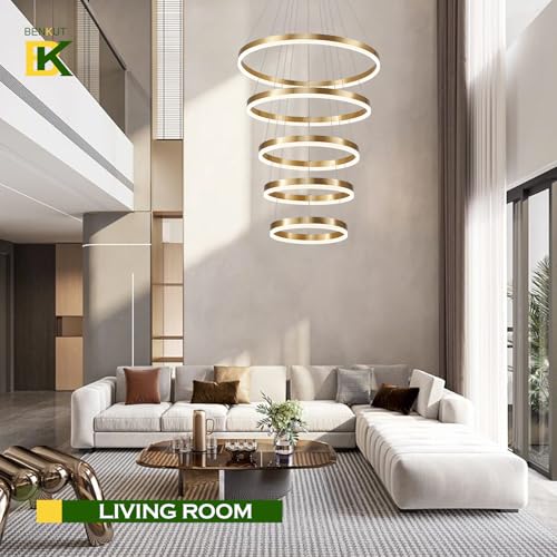 5 Rings Modern LED Chandelier Gold High Ceiling Chandelier with Remote Control Dimmable Pendant Lighting for Dining Room Foyer Living Room Entryway Staircase