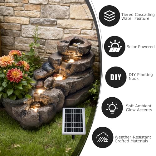 38.2" L Solar Water Fountain Outdoor Rock Waterfall Fountains