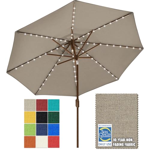 USA 10-Year-Non-Fading 9ft Market Patio Umbrella, Commercial Grade Table Sun Umbrella with 80 Solar LED Lights, Crank Open, Windproof & UPF 50+ UV Protection for Garden, Deck, Pool, Backyard, Mushroom