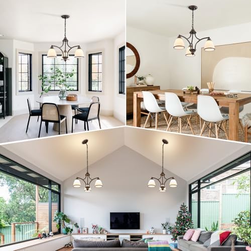 3 Light Classic Rustic Chandelier for Farmhouse with Milk White Frosted Glass Shades Black Dining Room Light Adjustable Height Ceiling Hanging Light Fixtures for Dinner Table