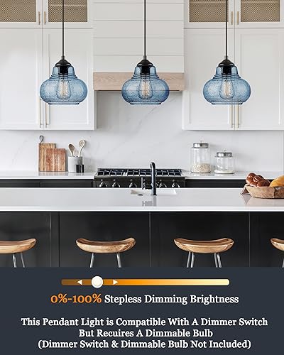 2 Pack Bubble Glass Pendant Lights 8 inch Modern Blue Hand Blown Globe Glass Pendant Lighting Hanging Light fixtures for Kitchen Island Dining Room Bar Bedroom Living Room (2 Count)