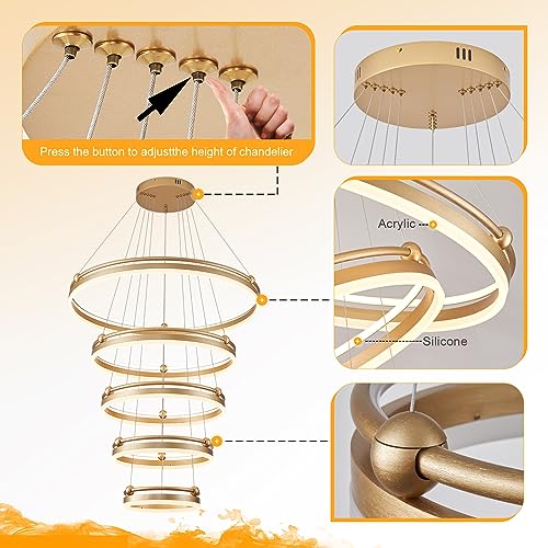 5 Rings Modern LED Chandelier Gold Dimmable Large High Ceiling Chandeliers Foyer