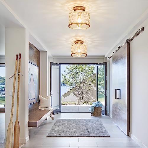 Modern Semi Flush Mount Ceiling Light with Industrial Clear Hammered Glass Lampshade
