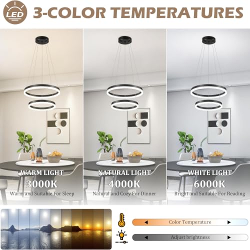 Modern Black Led Chandelier 2 Rings Dimmable LED Chandeliers with Remote Control Light Fixture for Kitchen Island Height Adjustable Chandelier Led Pendant Light for Living Room Dining Room