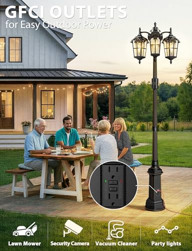 3 Head Motion Sensor Outdoor Post Lights with GFCI Outlet