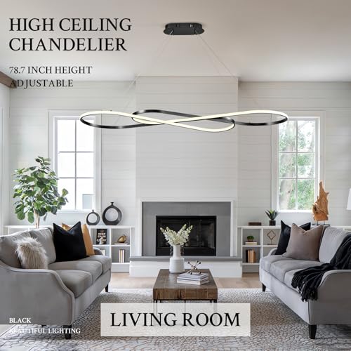 Modern LED Chandelier Black Dimmable LED Pendant Light for Dining Room Light Fixture Over Table Modern Kitchen Island Lighting High Ceiling with Remote for Living Room