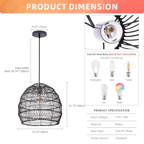 15.7" Black Woven Chandelier for Kitchen