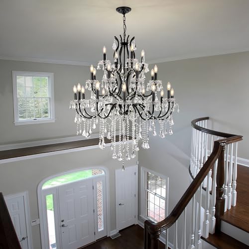 French Country Antique Black Iron Crystal Chandelier