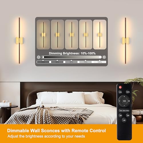 40 Inch Walnut Gold Battery Operated Wall Sconce Set of Two with Remote