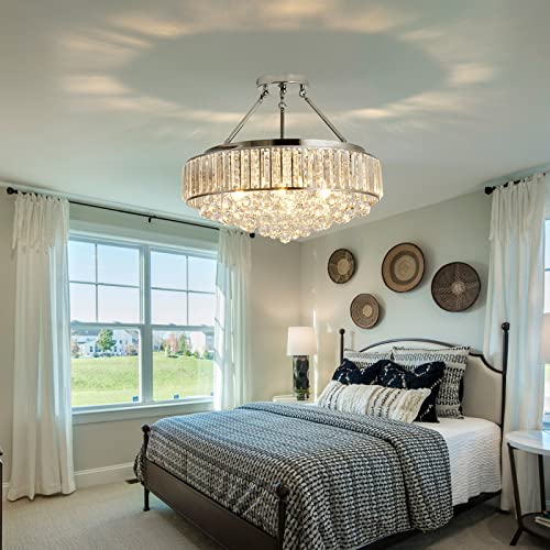 6 Light Modern Large Round Crystal Chandelier Chrome Semi Flush Mount Ceiling Light Fixtures E26 Ceiling Lamp for Dining Room Living Room Laundry Room Foyer Kitchen Balcony Bedroom