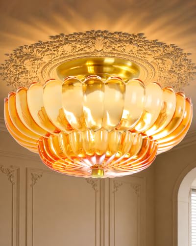 Semi Flush Mount Ceiling Light Fixture 11.8" Vinatge Gold Ceiling Lights Mid Century Modern Orange Glass Close to Ceiling Lighting Fixtures for Bedroom Hallway Foyer Bathroom Kitchen Entryway