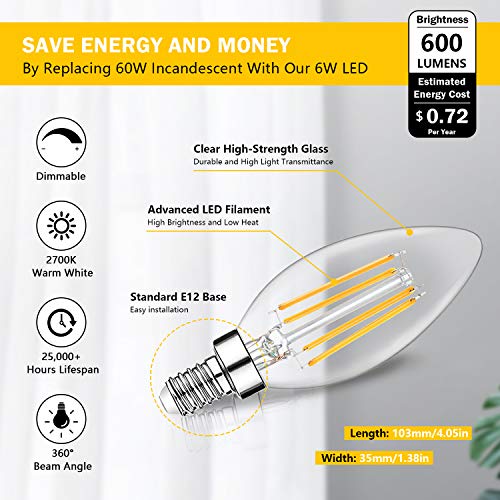 6 Pack Dimmable E12 LED Candelabra Bulbs 60W Equivalent (6 Count)