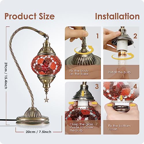 Turkish Moroccan Lamp with Bronze Base 3 Color Options Handmade Swan Neck Mosaic Glass Bedside Lamps for Bedroom
