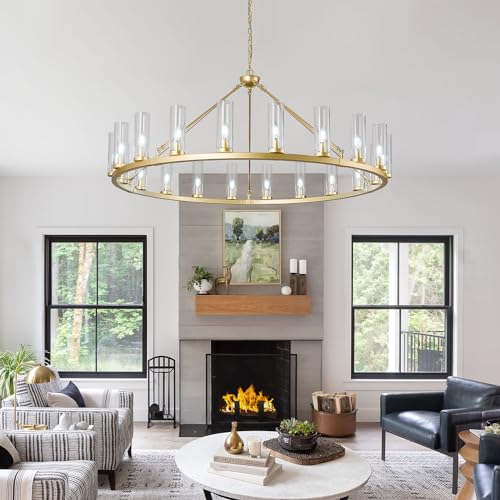 20 Light Large Wagon Wheel Chandelier with Clear Glass Shade Gold Round Pendant Light Farmhouse Industrial Chandeliers Dining Room Light Fixture for Stair Living Room Foyer Kitchen