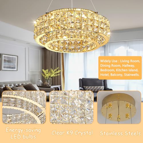 LED Chandeliers for Dining Room LED Dimmable Pendant Lights for Kitchen Island Crystal Adjustable Chandelier for Bedroom Hallway Entrance 16" Gold Light