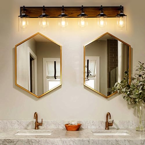 6 Light Farmhouse Bathroom Light Fixtures Vintage Bathroom Vanity Lights Over Mirror Black and Wood Painted Metal Vanity Light for Bathroom with Glass Shades E26 Socket