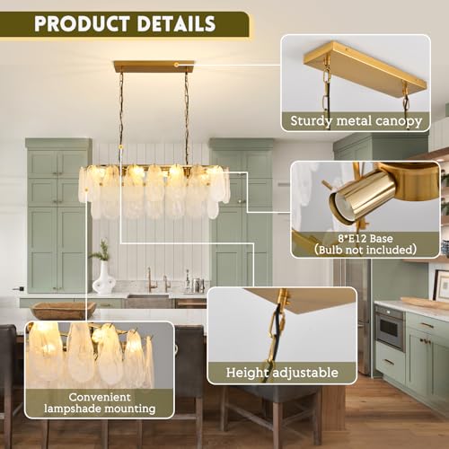 KELUOLY Gold Rectangle Chandeliers for Dining Room Modern Island Light Crystal Cloud Glass 8-Light Chandelier 2 Tier Rectangular Linear Pendant Hanging Ceiling Light Fixture for Kitchen L31.5” (E12)