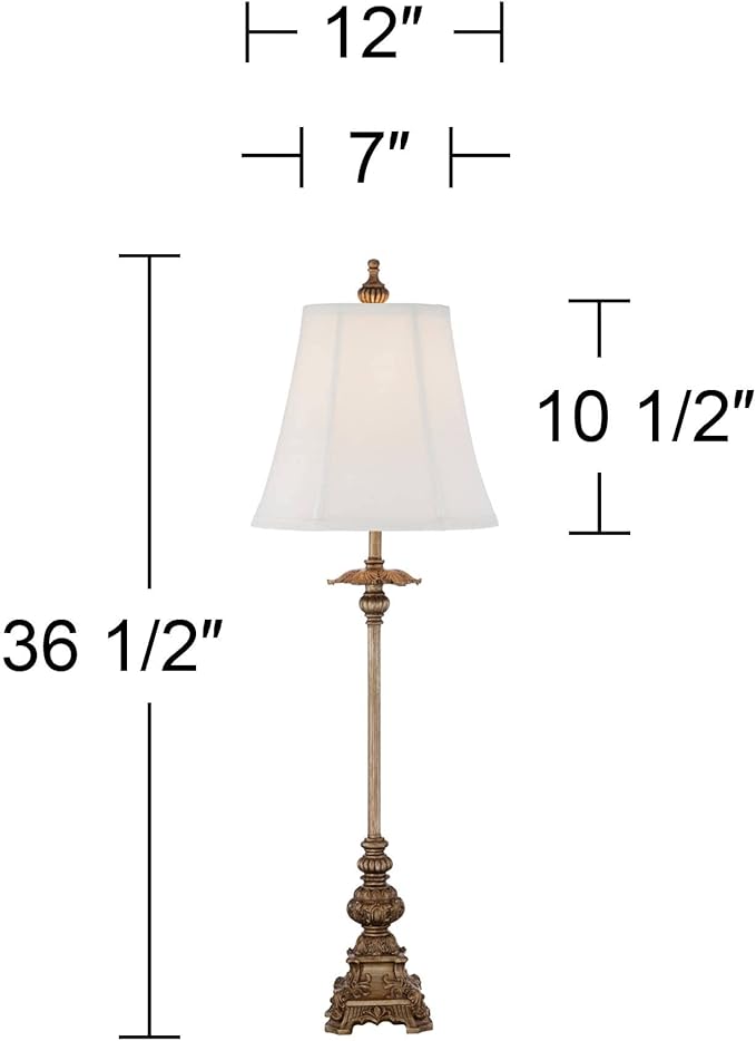 Regency Hill Juliette Traditional French Country Style Buffet Table Lamps 36.5" Tall Skinny Set of 2 Antique Gold Ornate Base White Fabric Bell Shade Decor for Living Room House Home Dining
